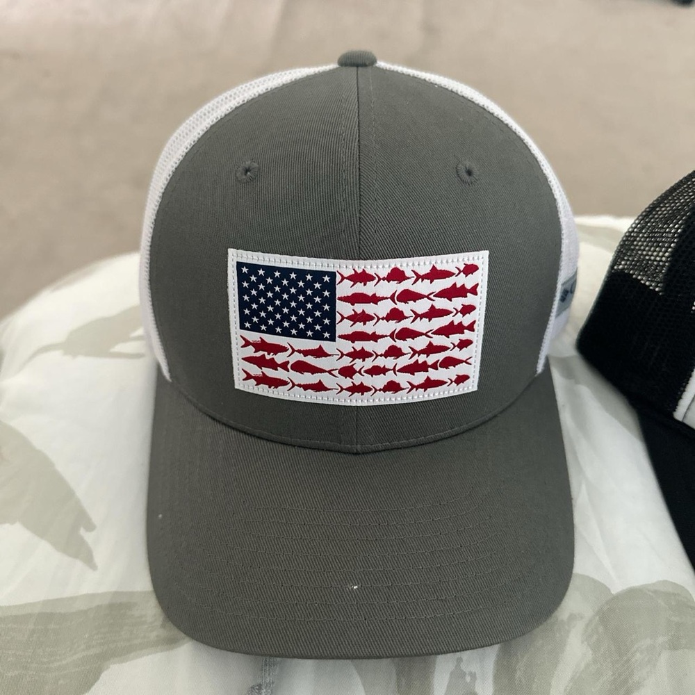 Gray and White Trucker Hat with Fish Flag Design